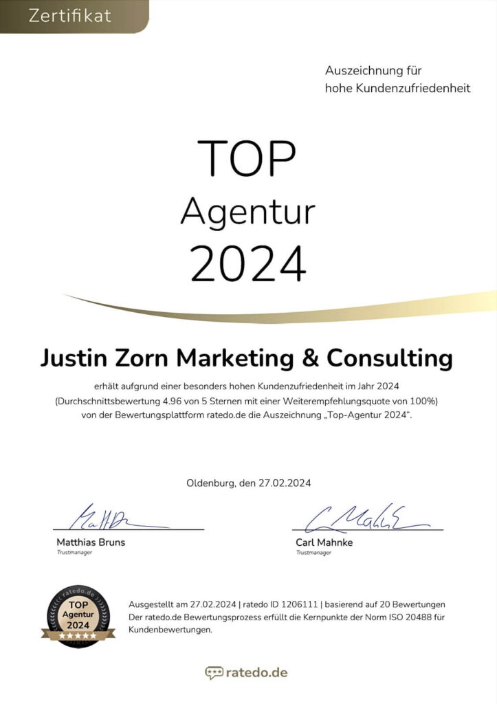 Justin Zorn Marketing & Consulting - Auszeichnung. Social-Media-Agentur des Jahres.